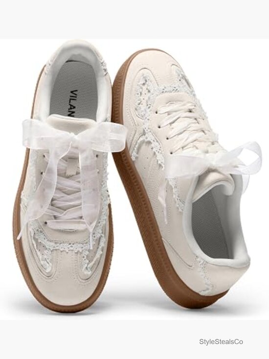 Shoes - Lace Detail Fashion Sneakers with Retro Gum Sole